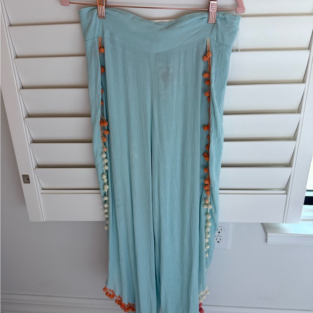 Women's Light Blue Pants with Pom Pom Trim